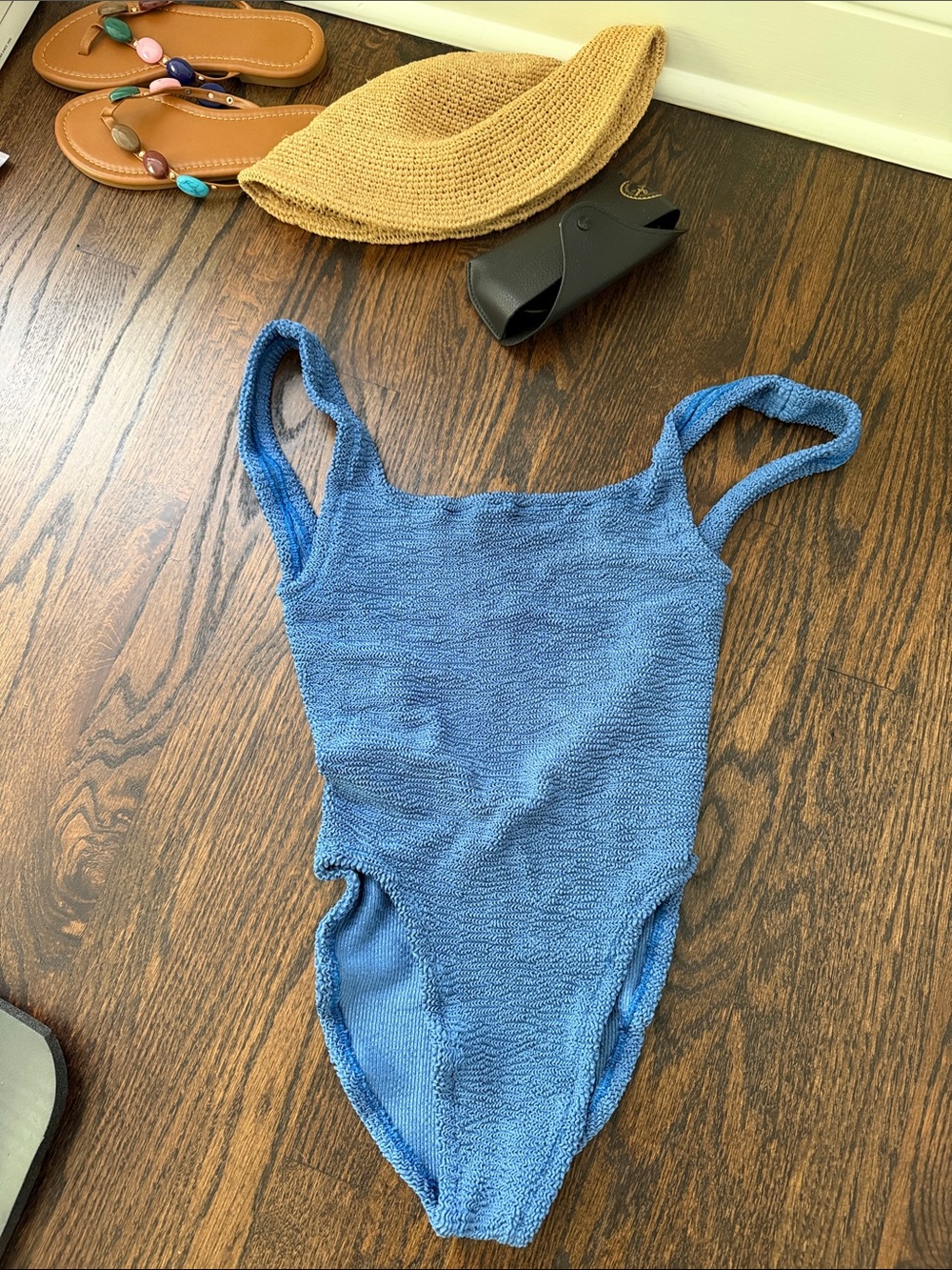 Hunza G Square Neck Textured Blue One-Piece Swimsuit $255